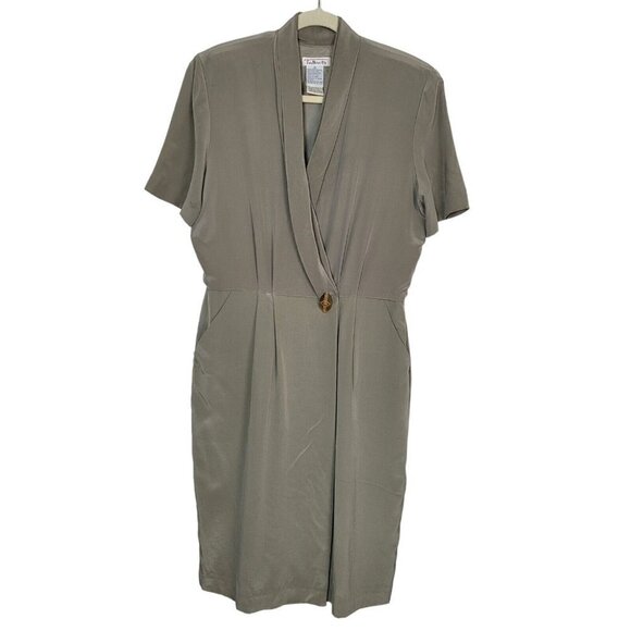 Vintage Talbots 100% Silk Faux Wrap Dress Sz 10 Taupe Short Sleeves Career READ - Picture 1 of 14